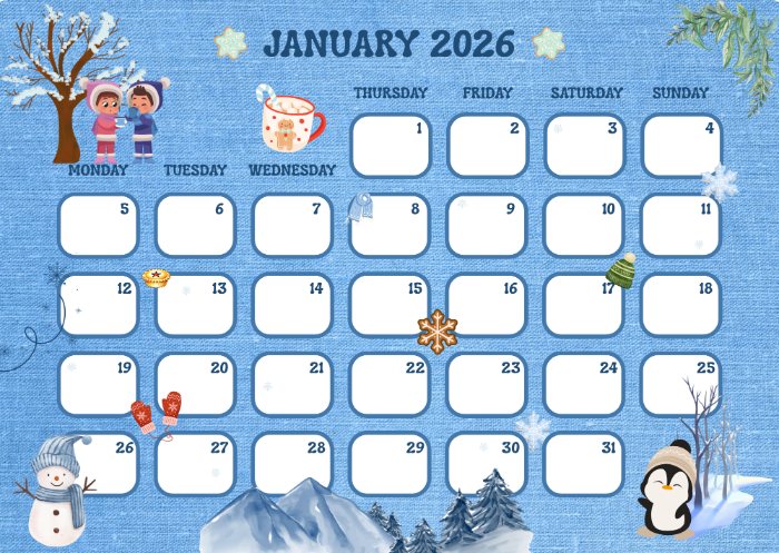 printable 2026 january calendar