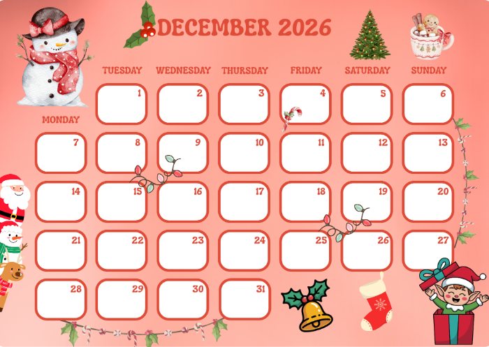 printabe December 2026 calendar
